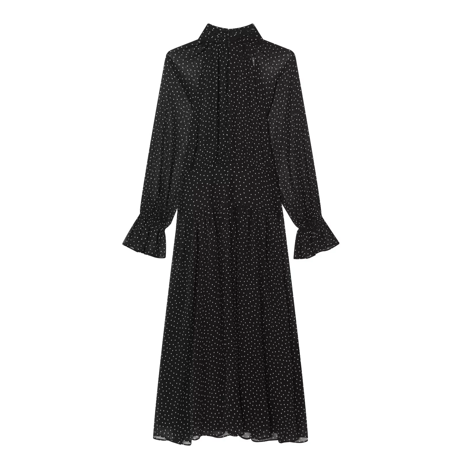 Spring and summer new women's minimalist polka dot printed high neck long sleeved pleated decorative dress