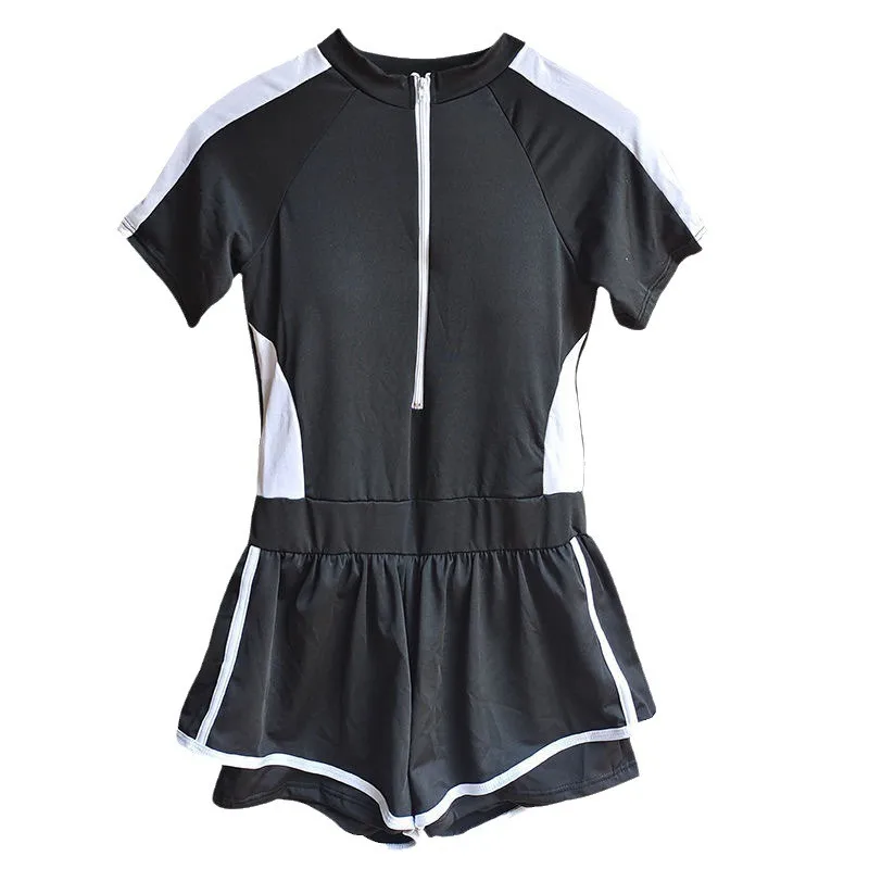 Athletic Black Short Sleeve Two Piece Swimsuit with Zipper Front Contrast Stripe Sporty Swimwear for Beach Pool Vacation