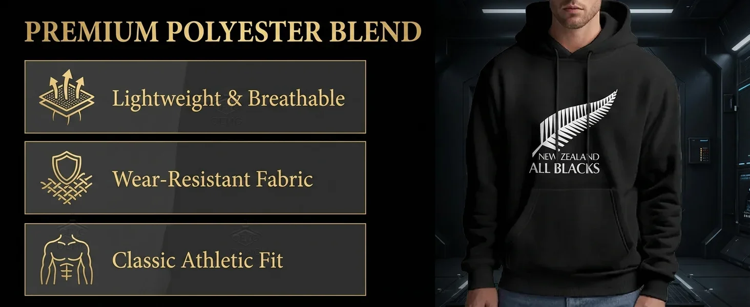 2026 Men's Oversized Polyester Hoodie with New Zealand All Blacks Feather Graphic Print Trendy Printed Sweatshirt