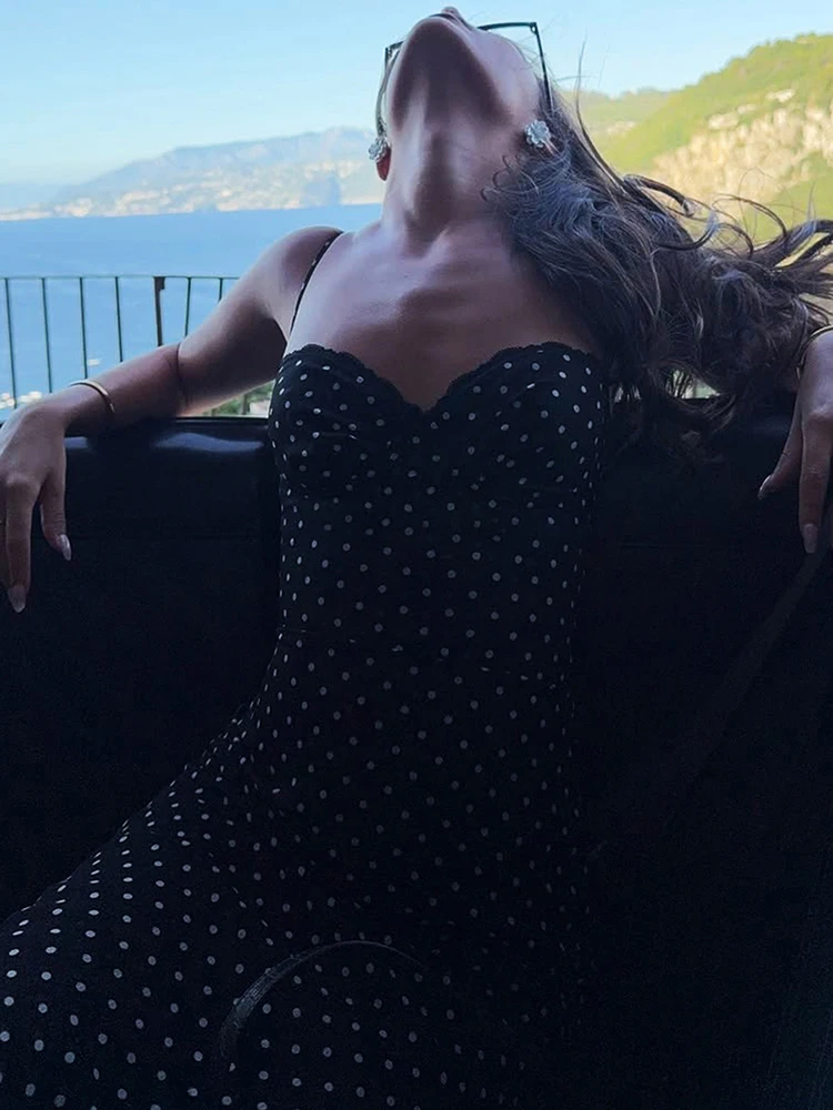 Kliou Polka Dot Print Sling Dress Woman Summer Trend Low-Neck Backless High Waist Robe Daily Casual Simple Elegant Long Bodycon