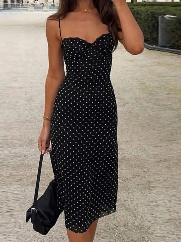 Kliou Polka Dot Print Sling Dress Woman Summer Trend Low-Neck Backless High Waist Robe Daily Casual Simple Elegant Long Bodycon