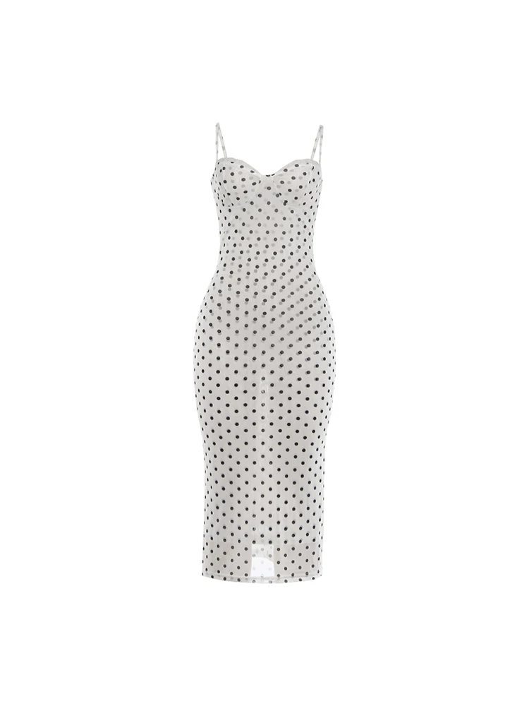 Kliou Polka Dot Print Sling Dress Woman Summer Trend Low-Neck Backless High Waist Robe Daily Casual Simple Elegant Long Bodycon