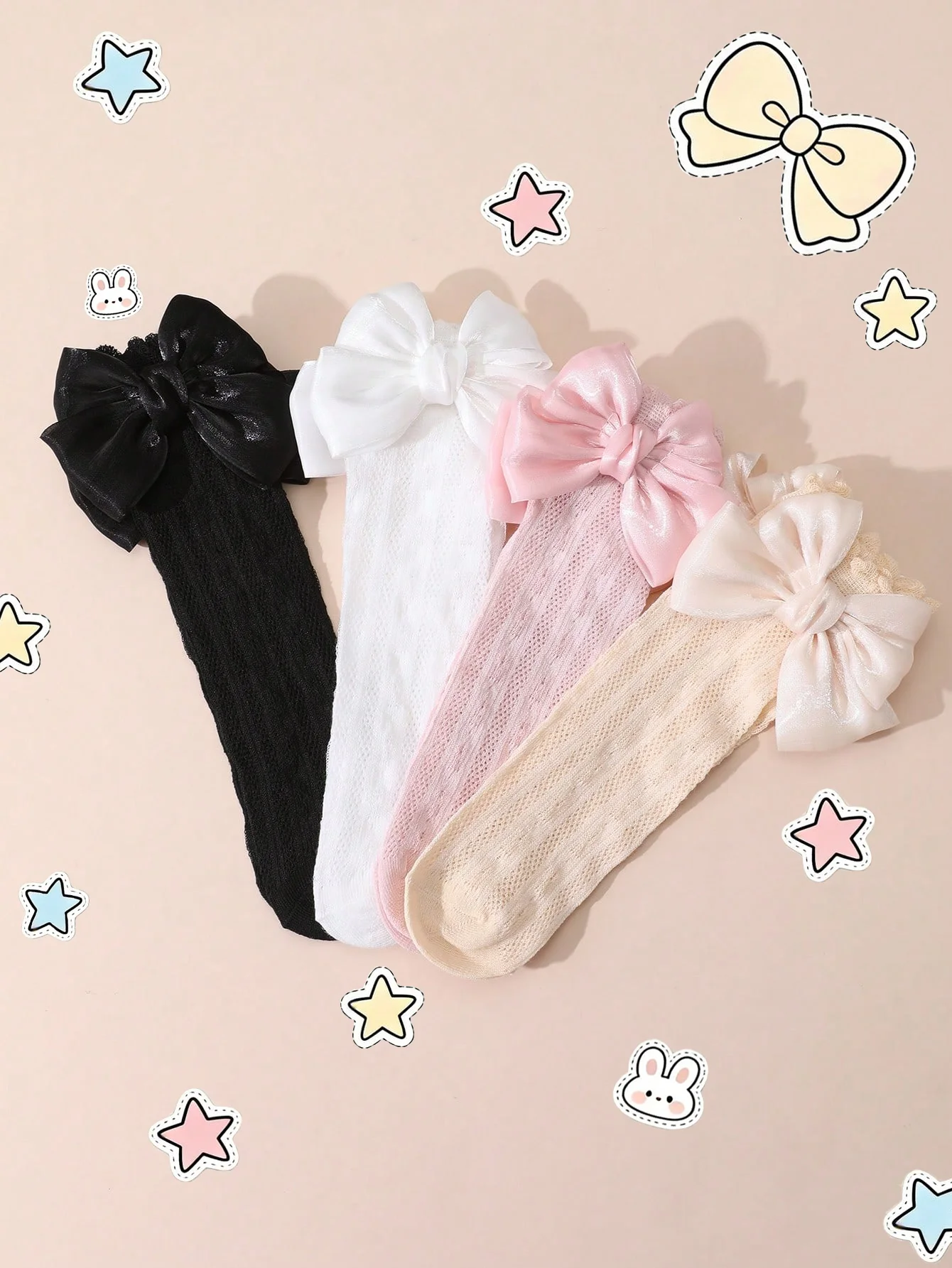 4 Pairs of Baby Girls' Cute Bow Decoration Mid-Calf Socks, Soft Mesh Breathable Socks for Girls to Wear during Outdoor Activities
