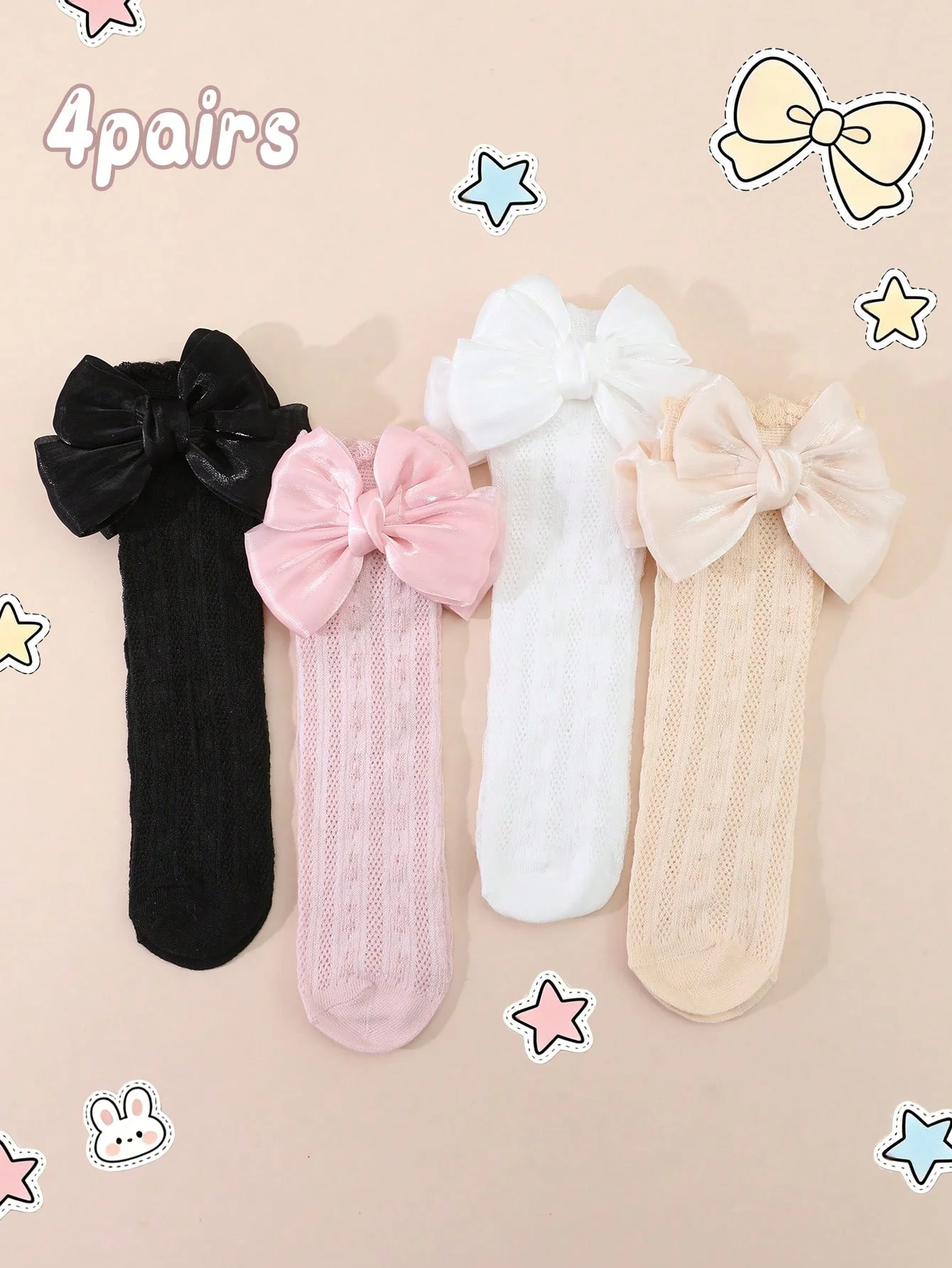 4 Pairs of Baby Girls' Cute Bow Decoration Mid-Calf Socks, Soft Mesh Breathable Socks for Girls to Wear during Outdoor Activities
