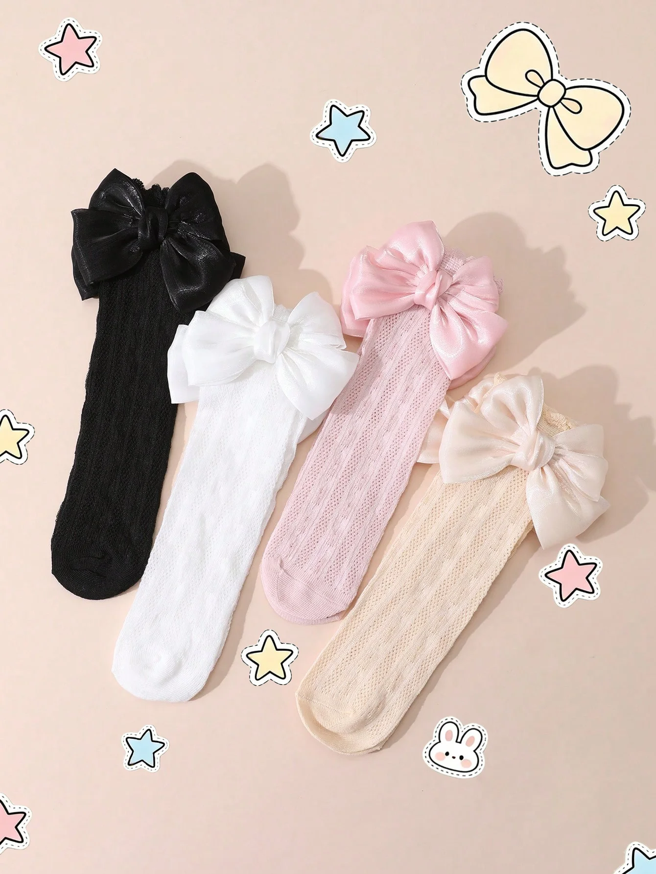 4 Pairs of Baby Girls' Cute Bow Decoration Mid-Calf Socks, Soft Mesh Breathable Socks for Girls to Wear during Outdoor Activities