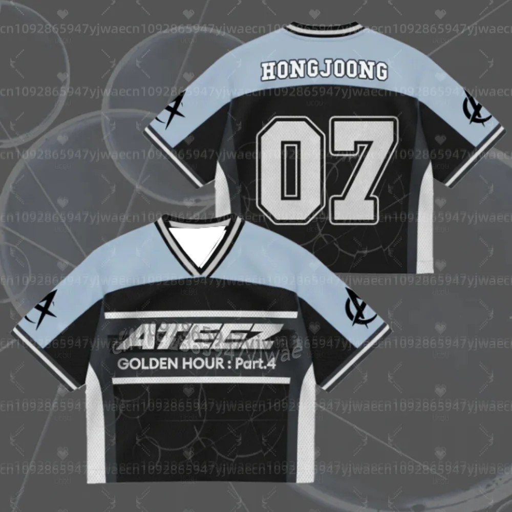 2026 Summer Men's Women's Short Sleeve Casual V-Neck T-Shirt Tops Tee ATEEZ Mini Album G-Golden Hour Part 4 Mesh Jersey