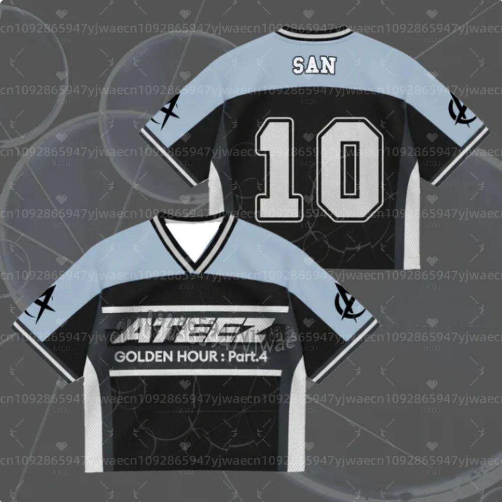 2026 Summer Men's Women's Short Sleeve Casual V-Neck T-Shirt Tops Tee ATEEZ Mini Album G-Golden Hour Part 4 Mesh Jersey