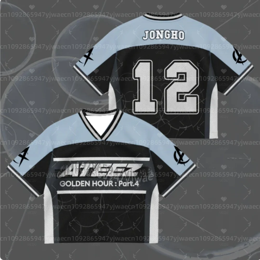 2026 Summer Men's Women's Short Sleeve Casual V-Neck T-Shirt Tops Tee ATEEZ Mini Album G-Golden Hour Part 4 Mesh Jersey