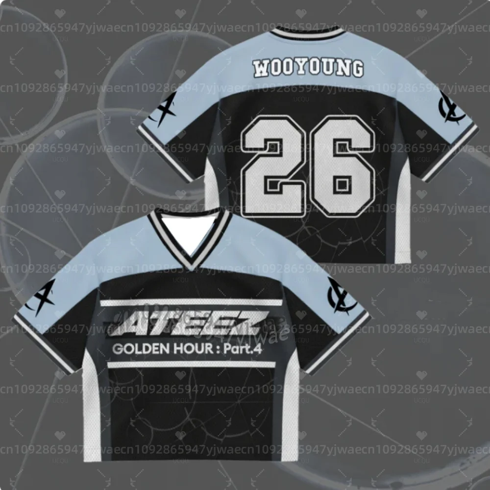 2026 Summer Men's Women's Short Sleeve Casual V-Neck T-Shirt Tops Tee ATEEZ Mini Album G-Golden Hour Part 4 Mesh Jersey