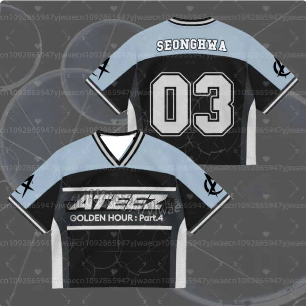 2026 Summer Men's Women's Short Sleeve Casual V-Neck T-Shirt Tops Tee ATEEZ Mini Album G-Golden Hour Part 4 Mesh Jersey