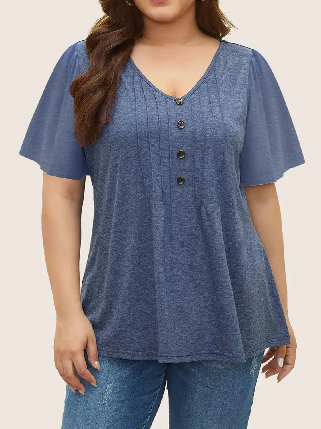 Summer Loose Women's T-Shirt High Quality V Neck Button Decor Solid Color Short Sleeve Women's Casual Wear T-Shirt Plus Size