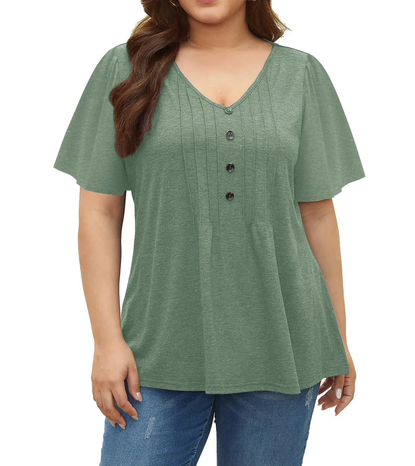 Summer Loose Women's T-Shirt High Quality V Neck Button Decor Solid Color Short Sleeve Women's Casual Wear T-Shirt Plus Size