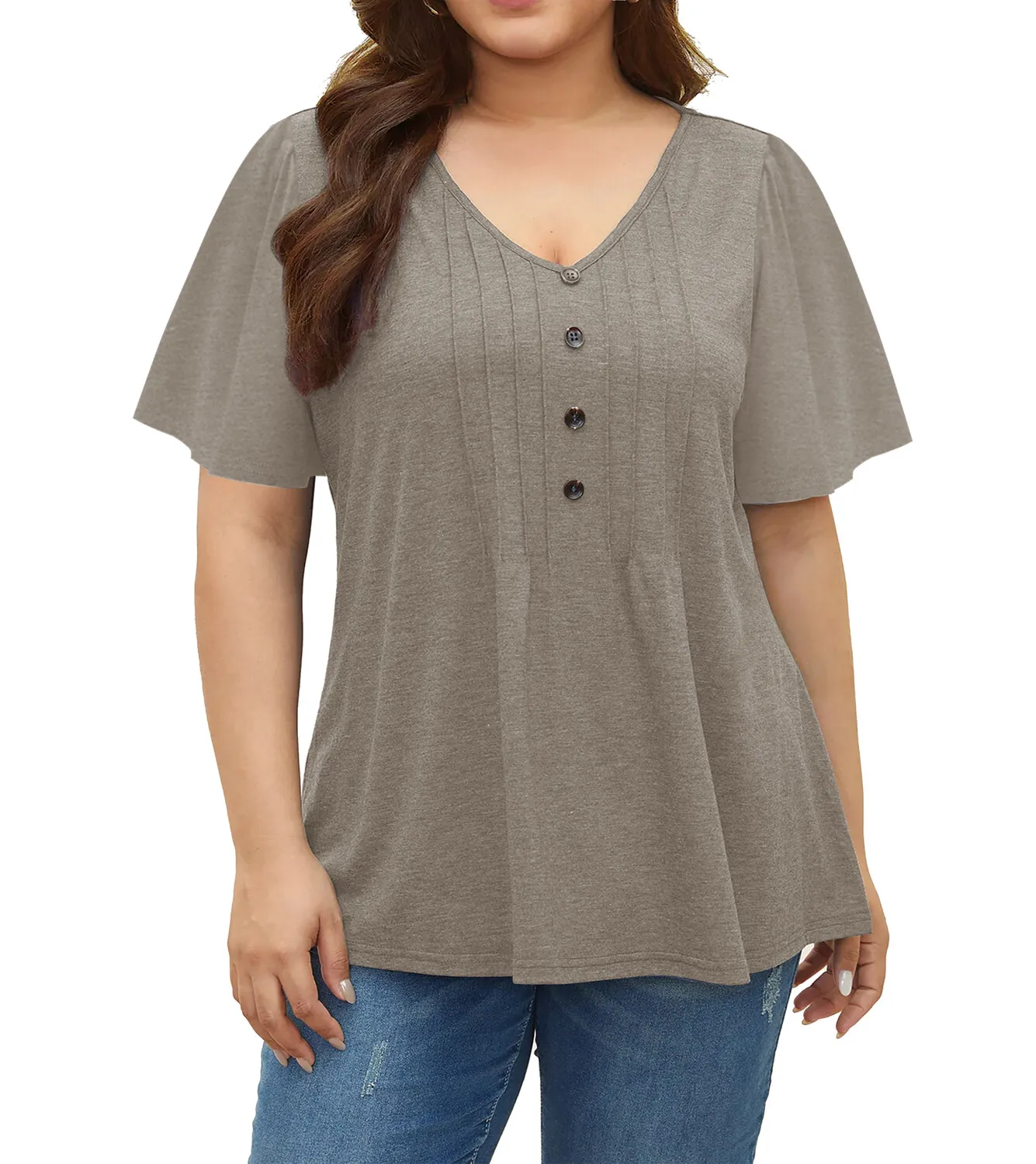 Summer Loose Women's T-Shirt High Quality V Neck Button Decor Solid Color Short Sleeve Women's Casual Wear T-Shirt Plus Size