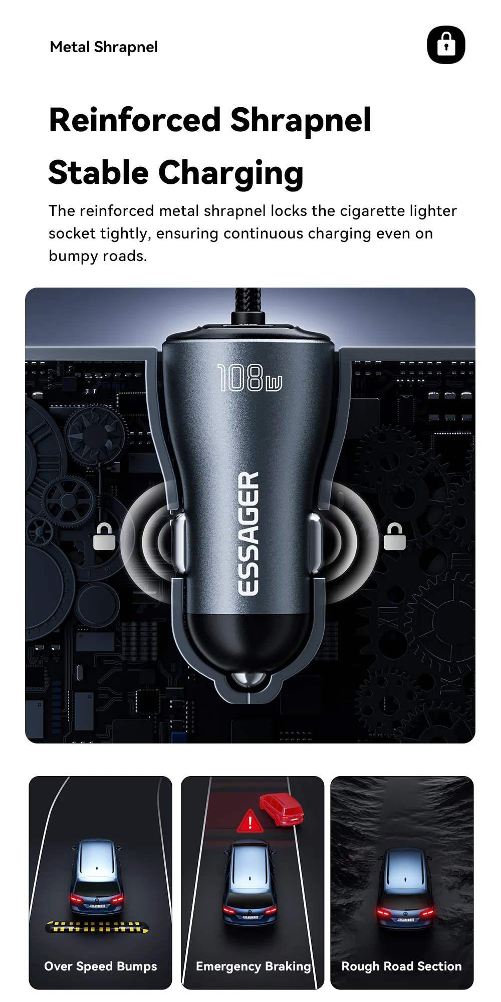 Essager 108W Car Charger with USB-C & USB-A Ports PD QC4.0 Fast Charging Digital Display Spring Cable for iPhone 17 16 15 14pro