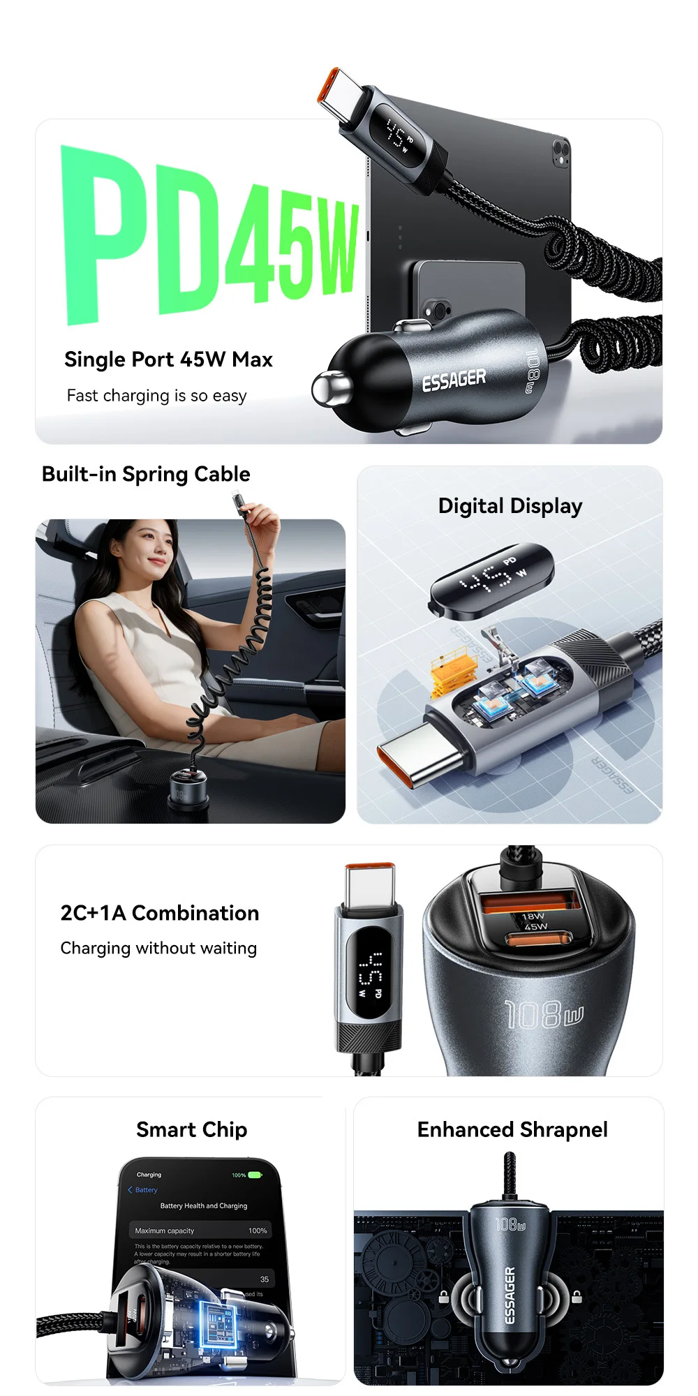 Essager 108W Car Charger with USB-C & USB-A Ports PD QC4.0 Fast Charging Digital Display Spring Cable for iPhone 17 16 15 14pro