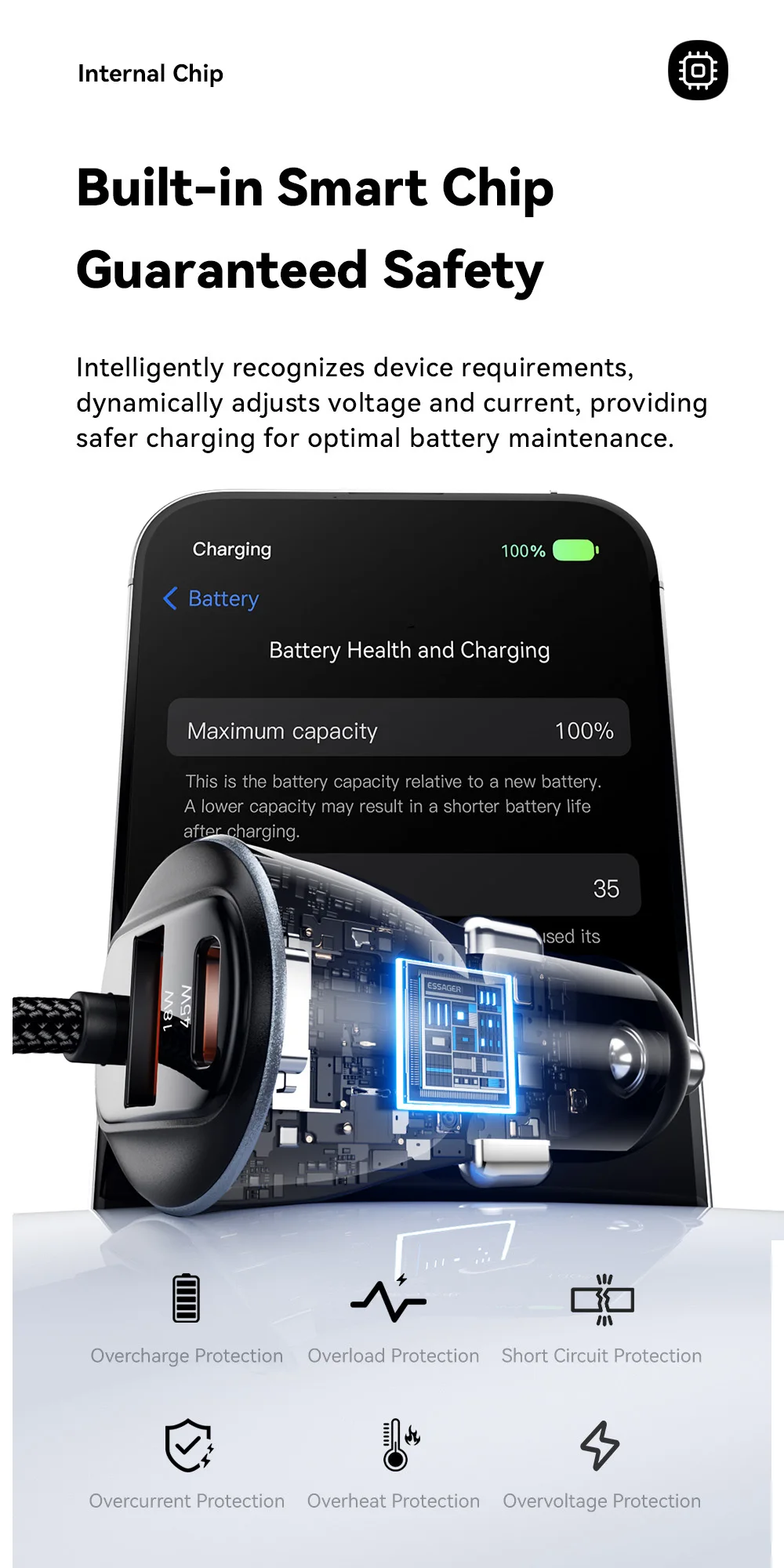 Essager 108W Car Charger with USB-C & USB-A Ports PD QC4.0 Fast Charging Digital Display Spring Cable for iPhone 17 16 15 14pro