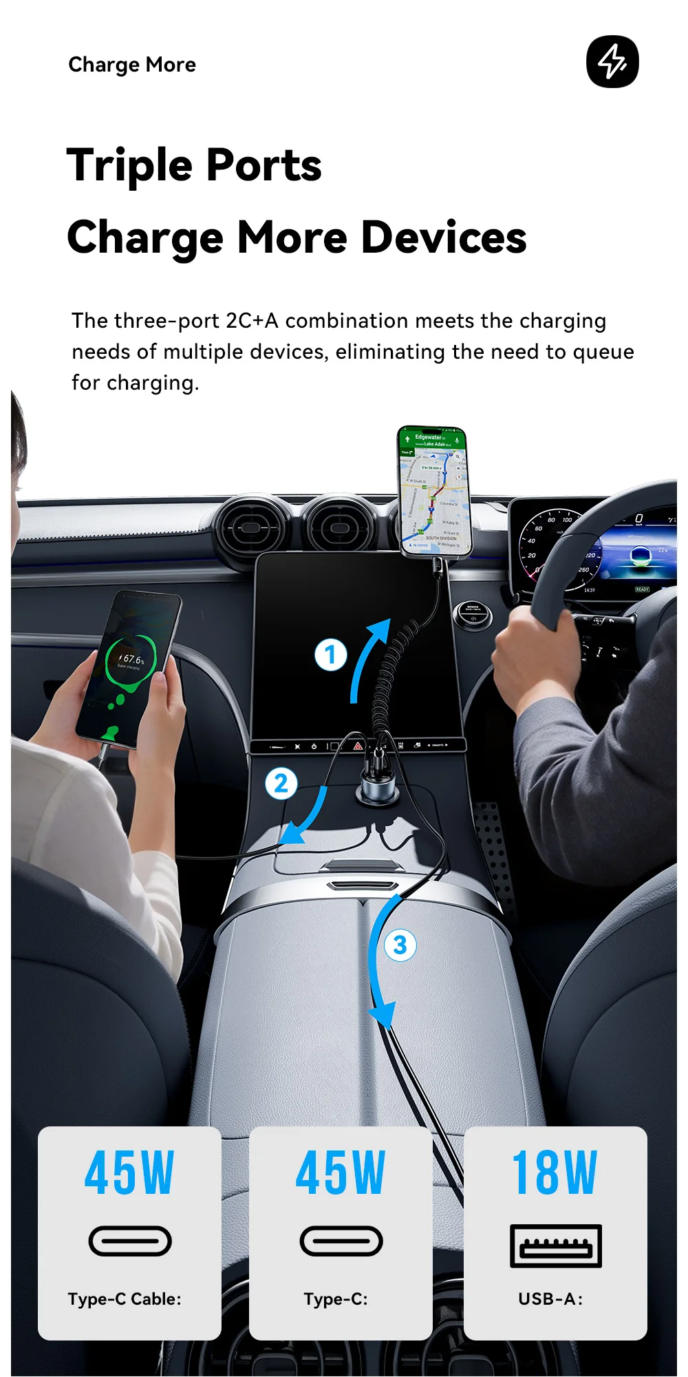 Essager 108W Car Charger with USB-C & USB-A Ports PD QC4.0 Fast Charging Digital Display Spring Cable for iPhone 17 16 15 14pro
