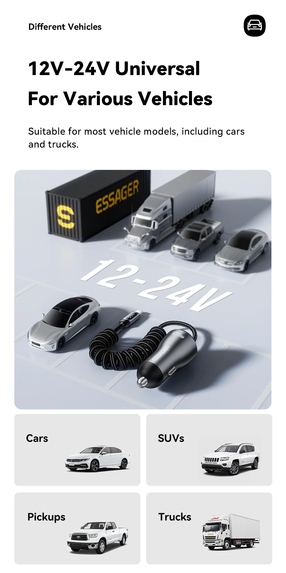 Essager 108W Car Charger with USB-C & USB-A Ports PD QC4.0 Fast Charging Digital Display Spring Cable for iPhone 17 16 15 14pro