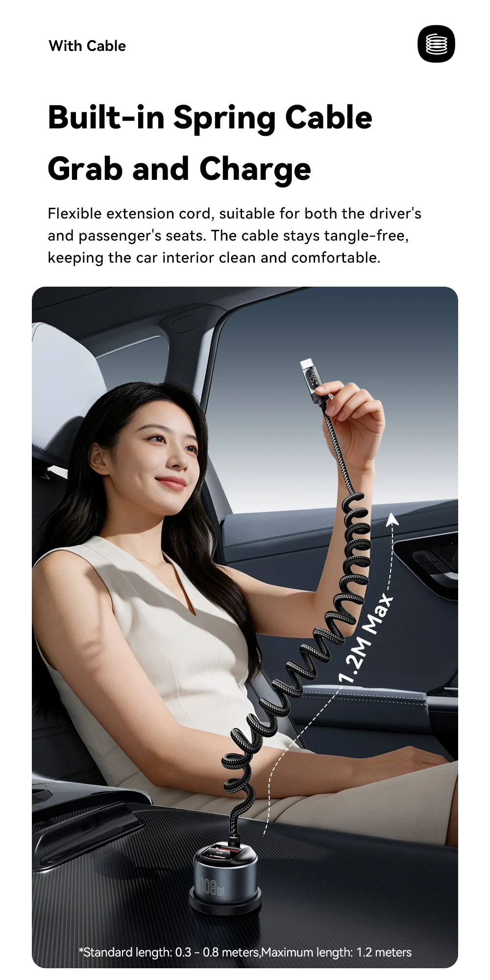 Essager 108W Car Charger with USB-C & USB-A Ports PD QC4.0 Fast Charging Digital Display Spring Cable for iPhone 17 16 15 14pro