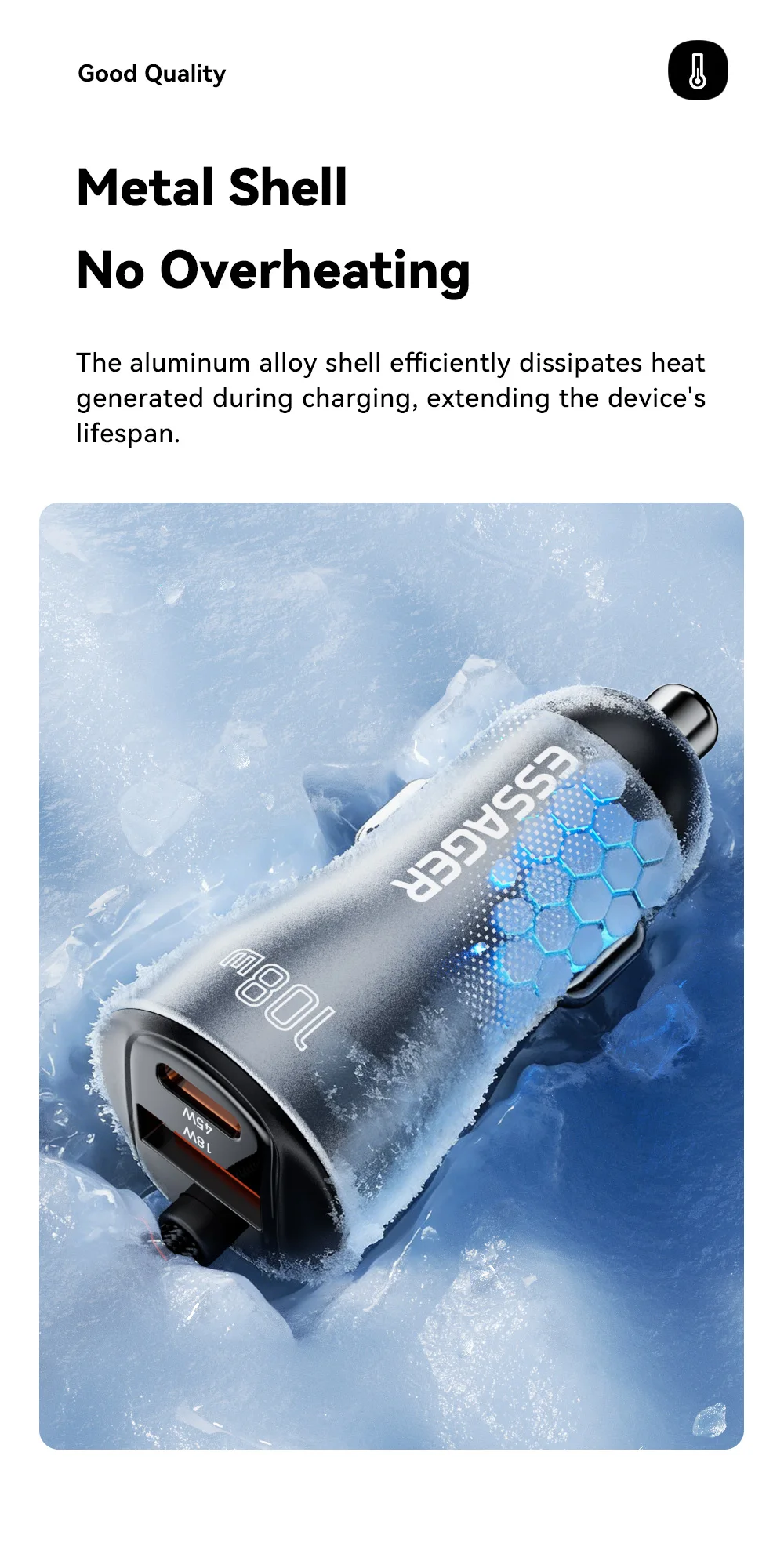 Essager 108W Car Charger with USB-C & USB-A Ports PD QC4.0 Fast Charging Digital Display Spring Cable for iPhone 17 16 15 14pro