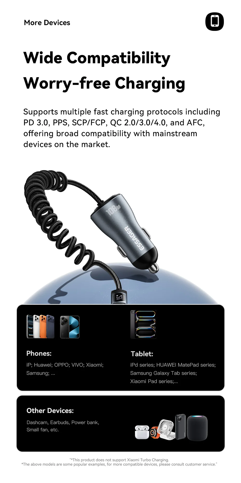 Essager 108W Car Charger with USB-C & USB-A Ports PD QC4.0 Fast Charging Digital Display Spring Cable for iPhone 17 16 15 14pro