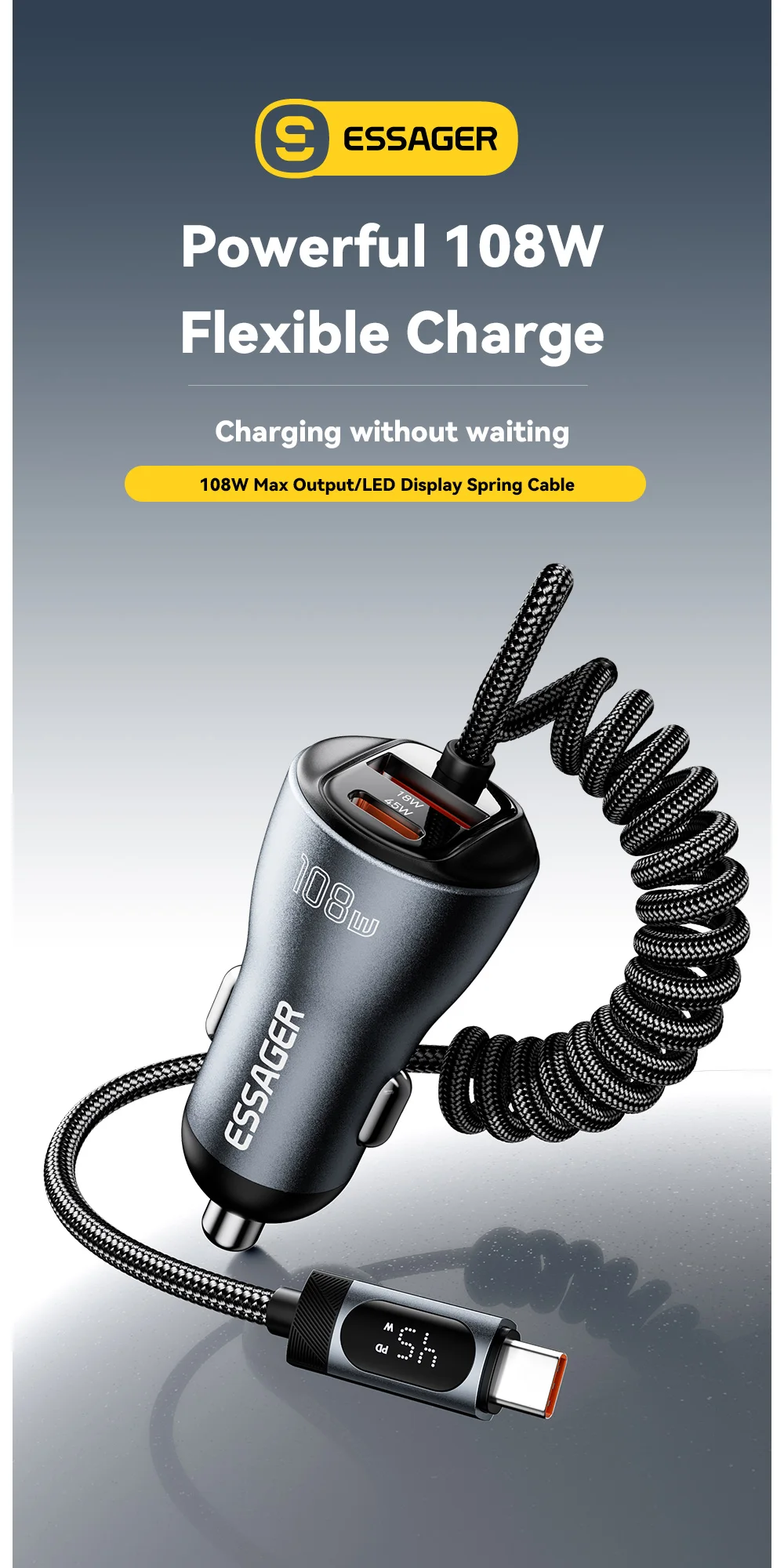 Essager 108W Car Charger with USB-C & USB-A Ports PD QC4.0 Fast Charging Digital Display Spring Cable for iPhone 17 16 15 14pro