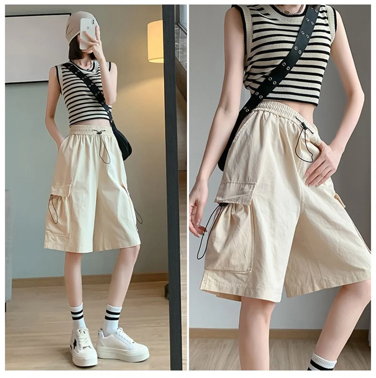 2026 Women Summer Japanese Cat Embroidery Elastic Waist Short Pants Y2k Aesthetic Casual Trousers Lace Patchwork Wide Leg Shorts