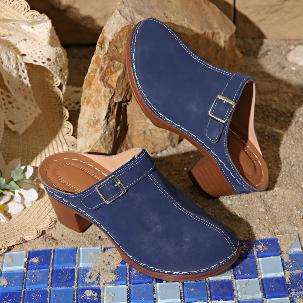 Slippers Women 2026 Summer New Plus Size Round Toe Women's Sandals Outdoor Rome Ladies Shoes Buckle Chunky Heel Slippers