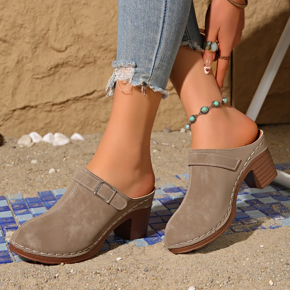 Slippers Women 2026 Summer New Plus Size Round Toe Women's Sandals Outdoor Rome Ladies Shoes Buckle Chunky Heel Slippers