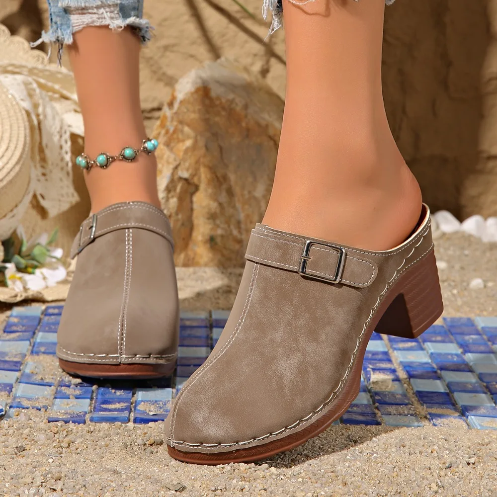 Slippers Women 2026 Summer New Plus Size Round Toe Women's Sandals Outdoor Rome Ladies Shoes Buckle Chunky Heel Slippers