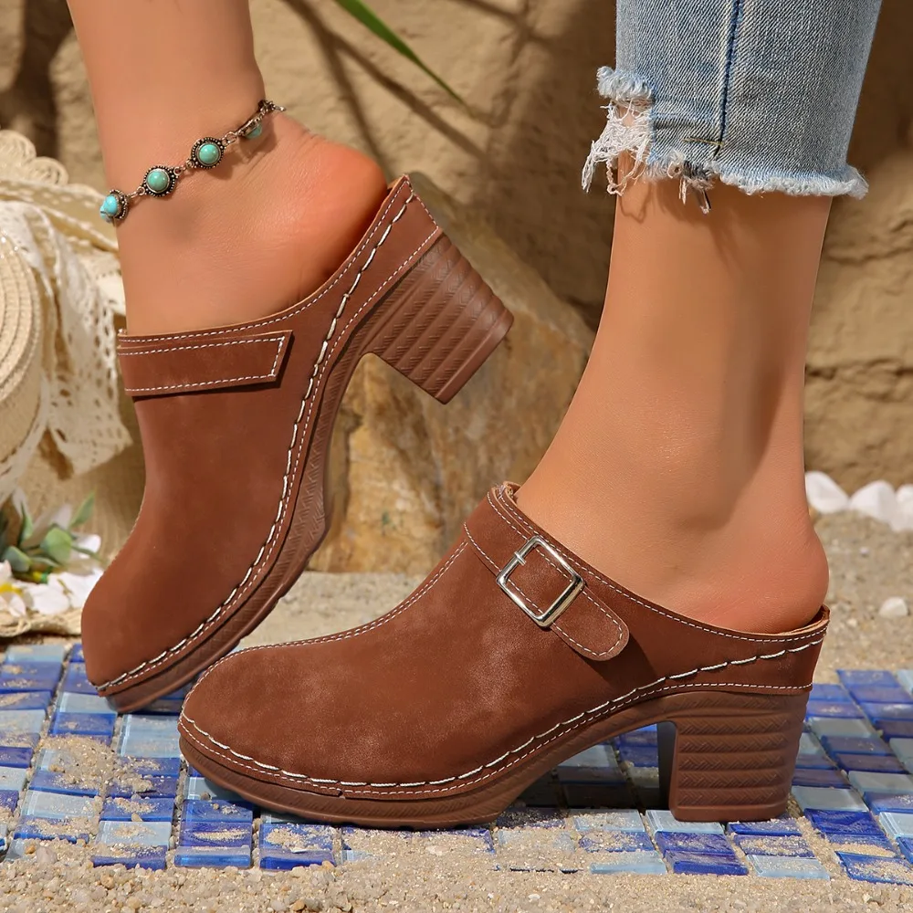 Slippers Women 2026 Summer New Plus Size Round Toe Women's Sandals Outdoor Rome Ladies Shoes Buckle Chunky Heel Slippers