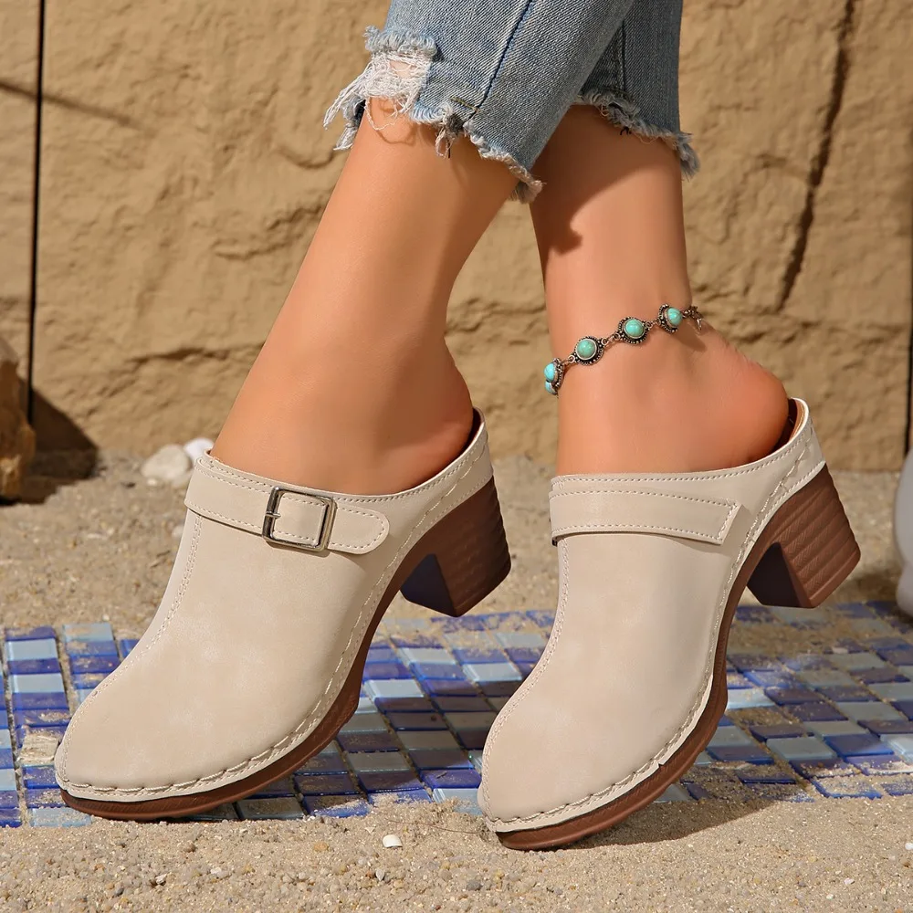 Slippers Women 2026 Summer New Plus Size Round Toe Women's Sandals Outdoor Rome Ladies Shoes Buckle Chunky Heel Slippers