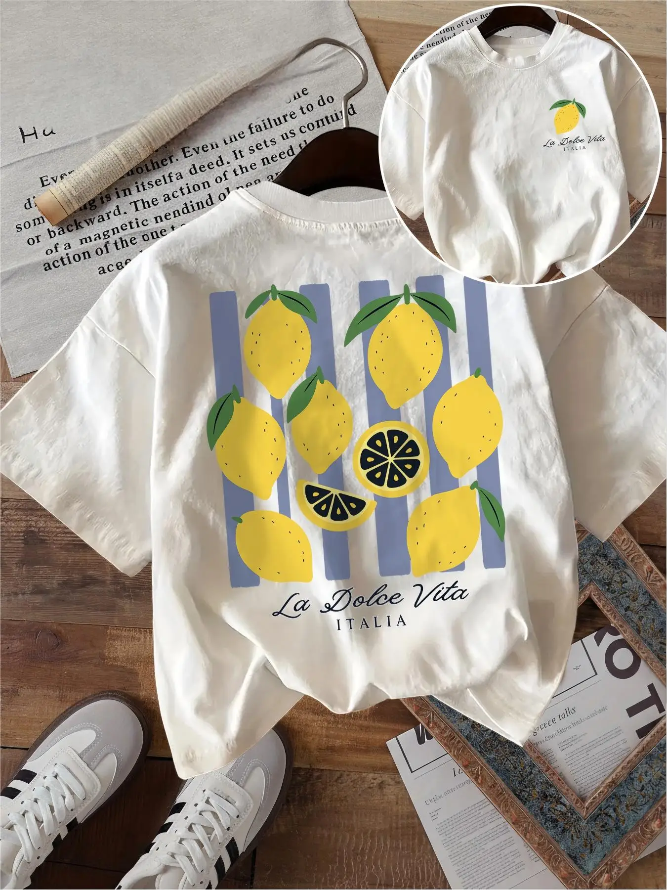 La Dolce Vita T Shirt Funny Lemon Fruit Graphic Purple Stripes Italian Style Unisex Harajuku Loose Short Sleeve Summer Tops