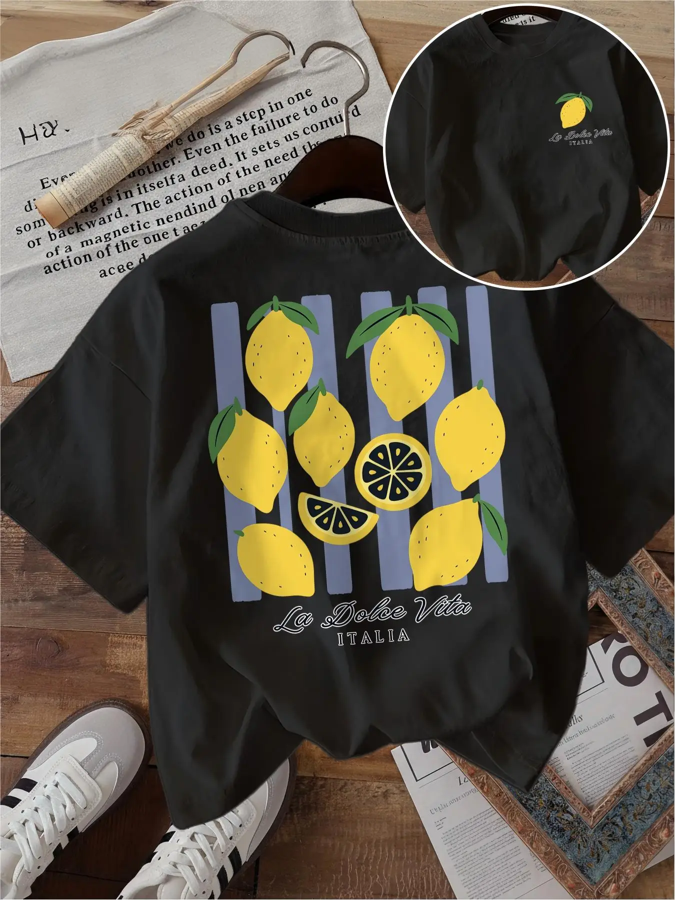La Dolce Vita T Shirt Funny Lemon Fruit Graphic Purple Stripes Italian Style Unisex Harajuku Loose Short Sleeve Summer Tops