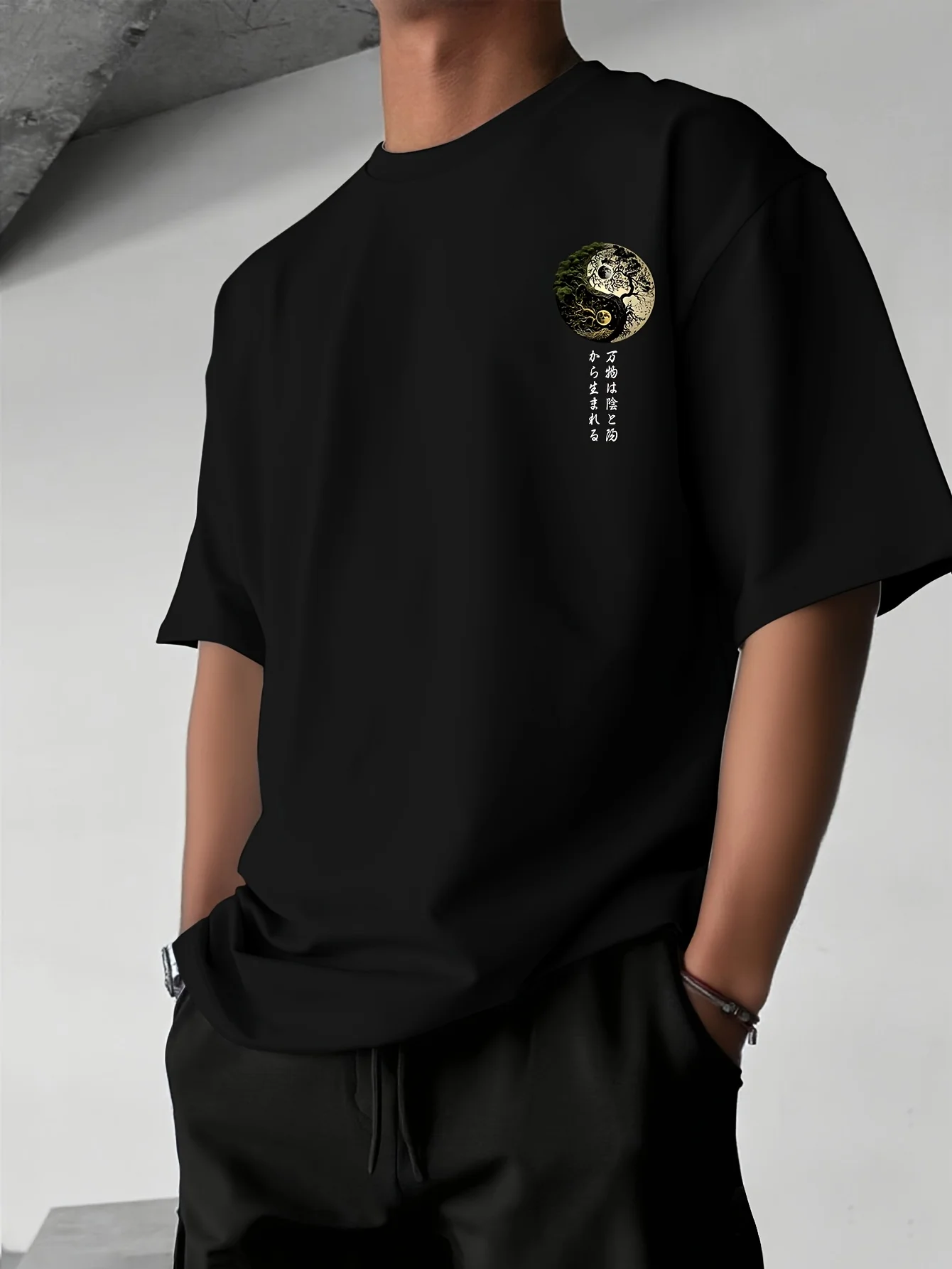 Mens Summer 100% Pure Cotton Japanese Yin Yang Pattern Front and Back Printed Casual Loose Crew Neck Short Sleeve T Shirt