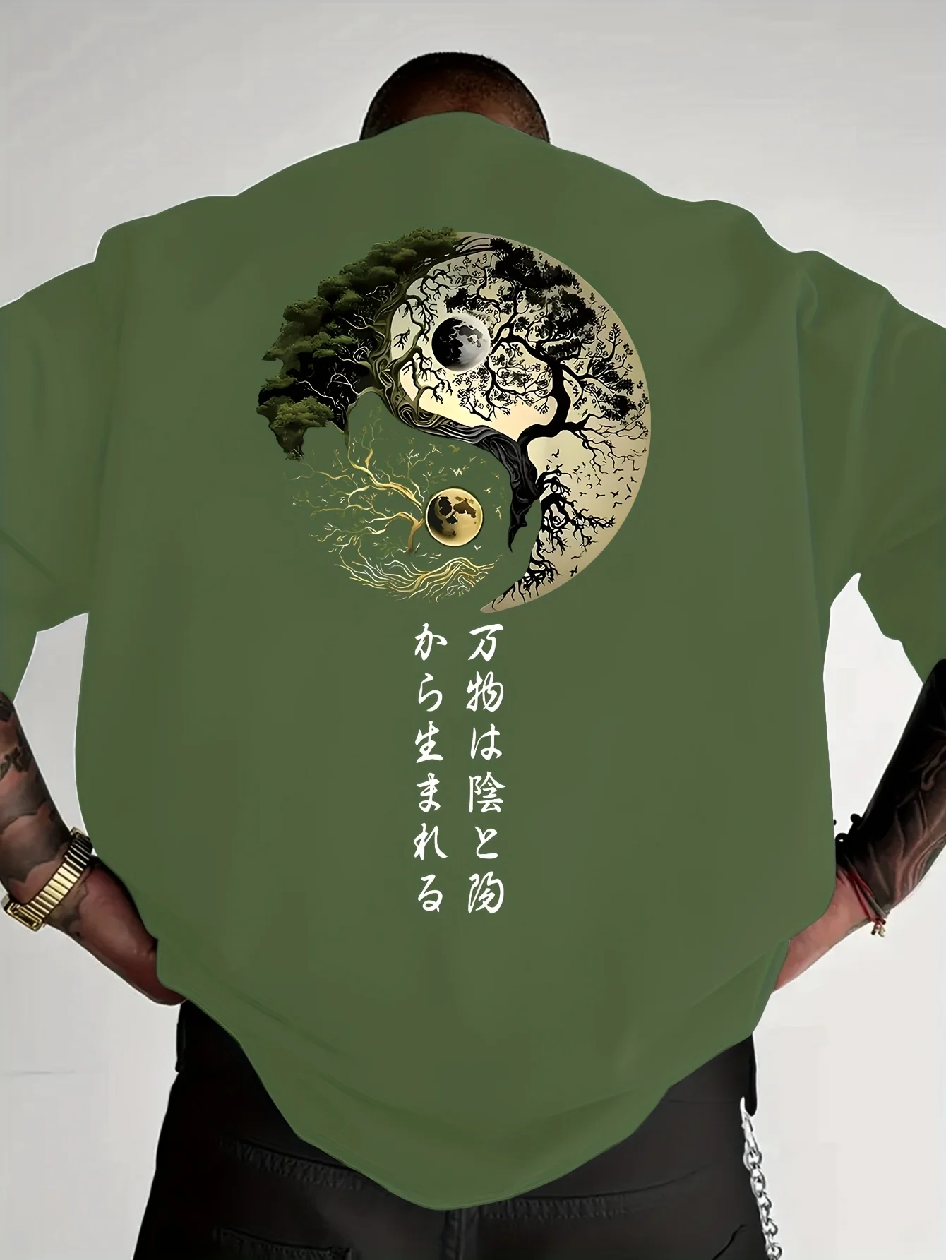 Mens Summer 100% Pure Cotton Japanese Yin Yang Pattern Front and Back Printed Casual Loose Crew Neck Short Sleeve T Shirt