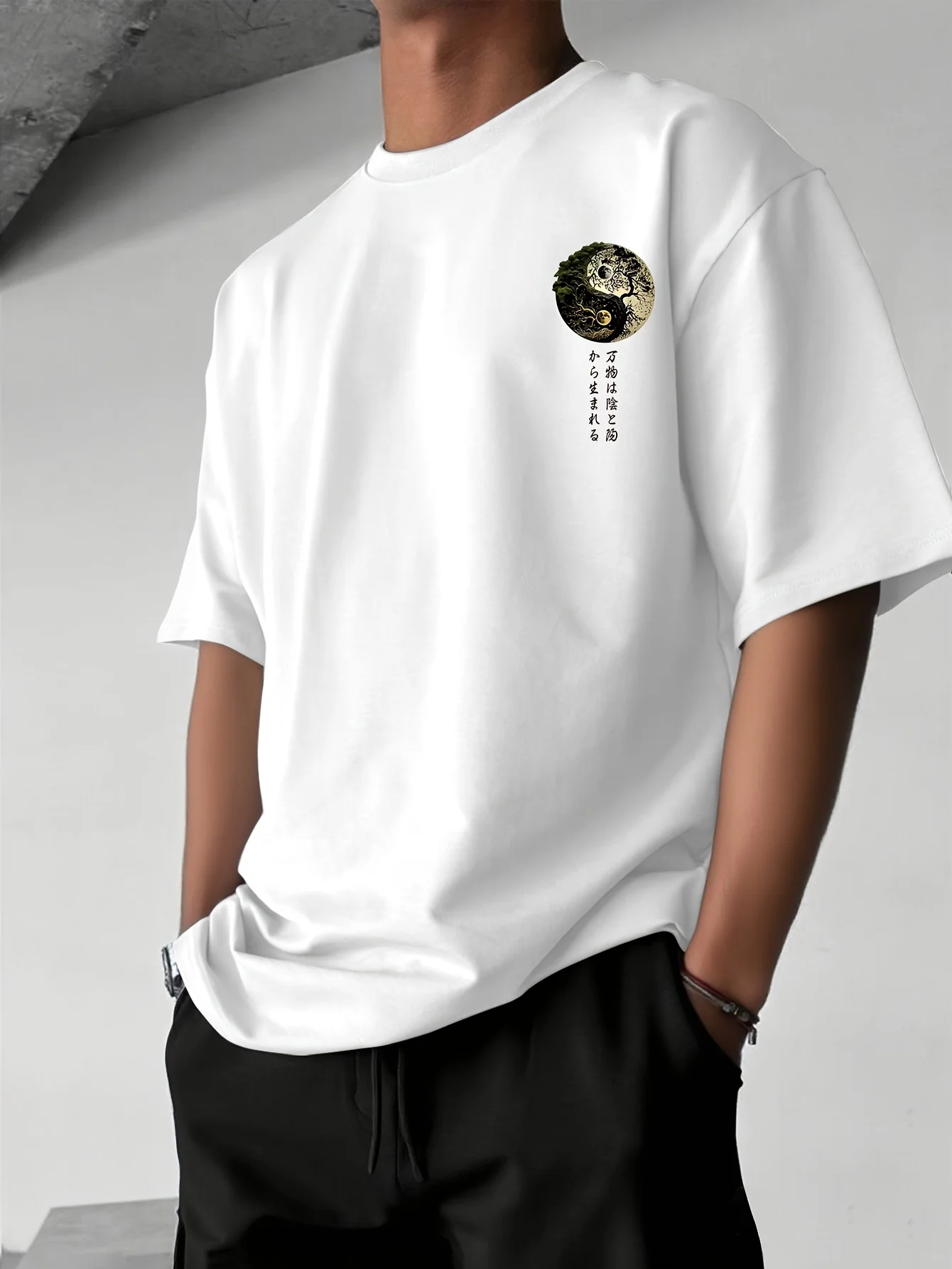 Mens Summer 100% Pure Cotton Japanese Yin Yang Pattern Front and Back Printed Casual Loose Crew Neck Short Sleeve T Shirt