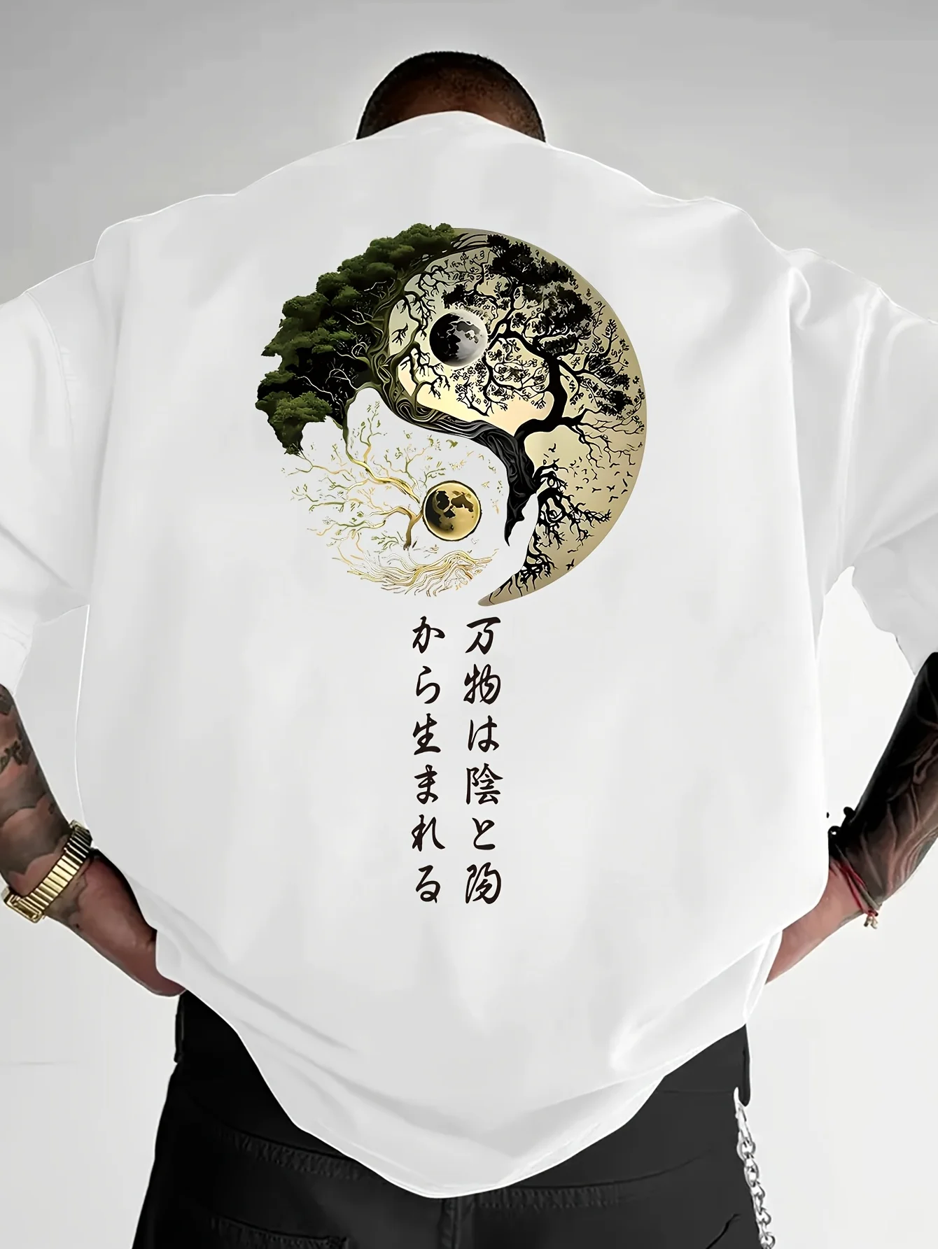 Mens Summer 100% Pure Cotton Japanese Yin Yang Pattern Front and Back Printed Casual Loose Crew Neck Short Sleeve T Shirt