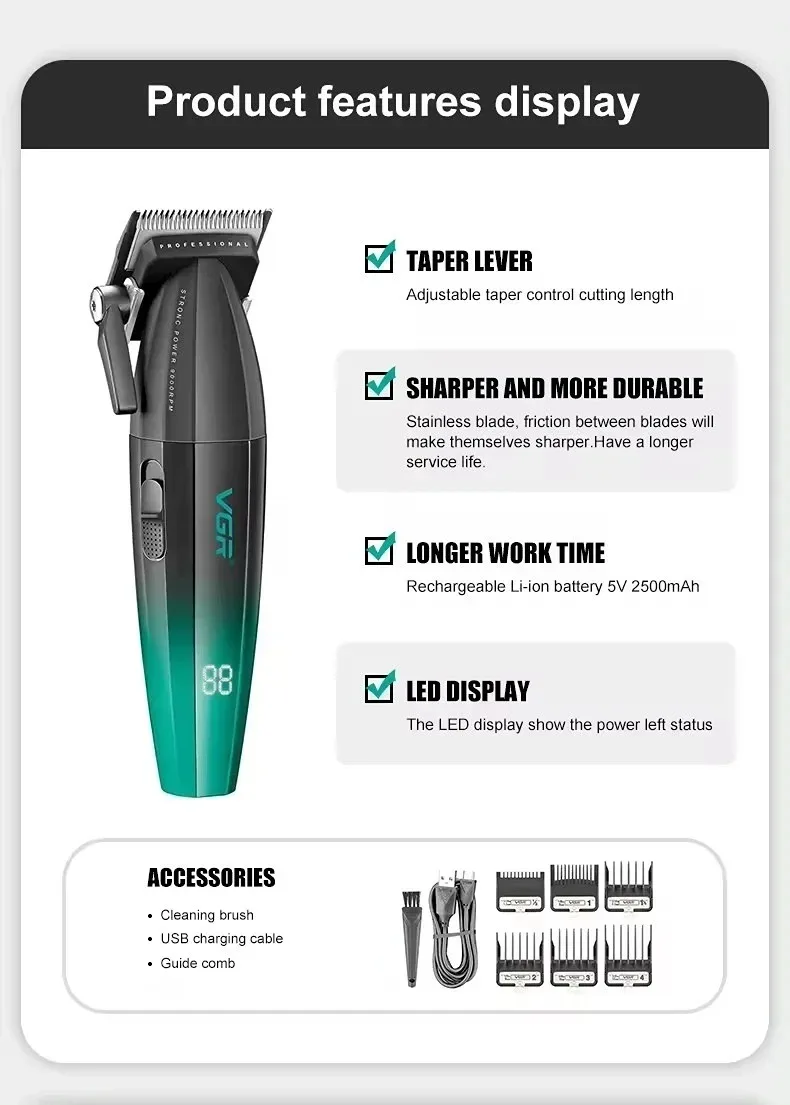 VGR Hair Trimmer Professional Electric Shaver Cordless Barber Clippers Hair Cut Machine Metal Trimmer for Men V-003 V-906 V-308