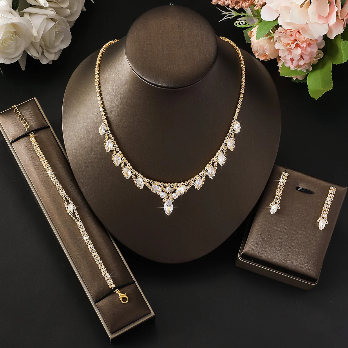Zircon Waterdrop Necklace Earrings Set - Elegant Jewelry Set of Flower Designs Memorial Day gift
