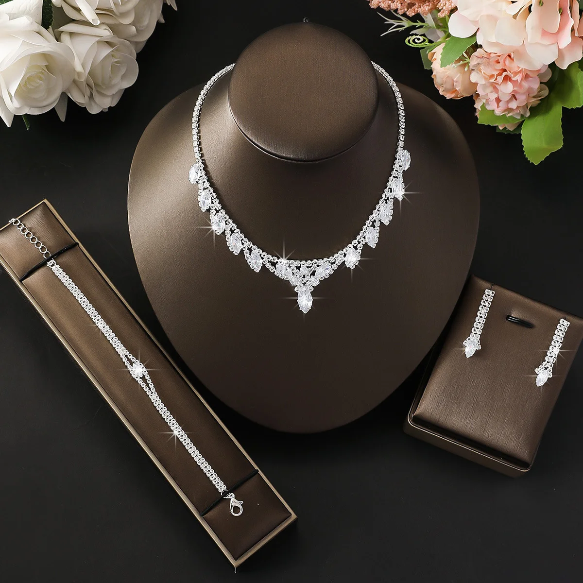 Zircon Waterdrop Necklace Earrings Set - Elegant Jewelry Set of Flower Designs Memorial Day gift