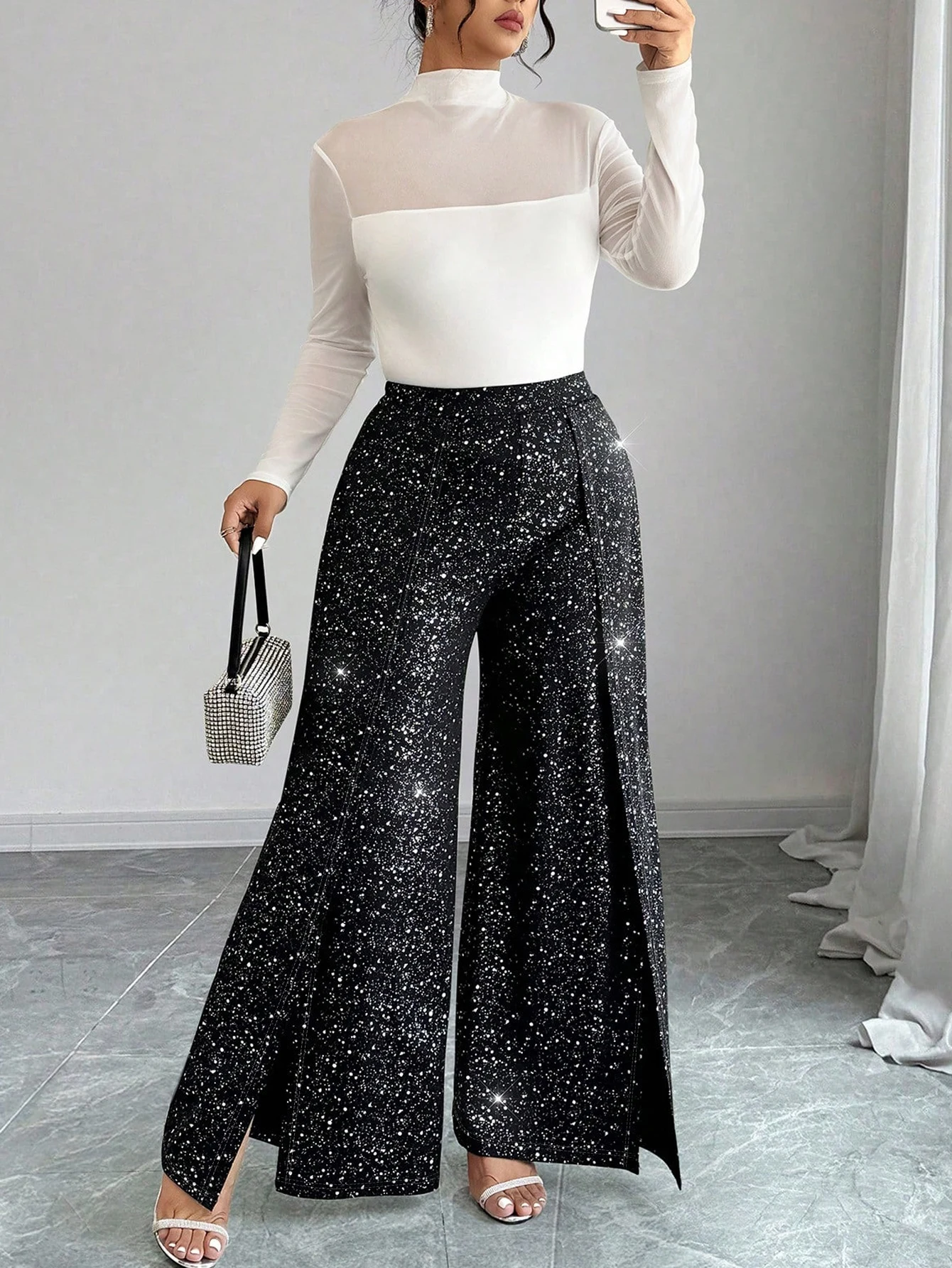 Plus Size Women Wide Leg Pants High Waisted Sequined Side Slit Glitter Pants, Straight Leg Pants, Party Club