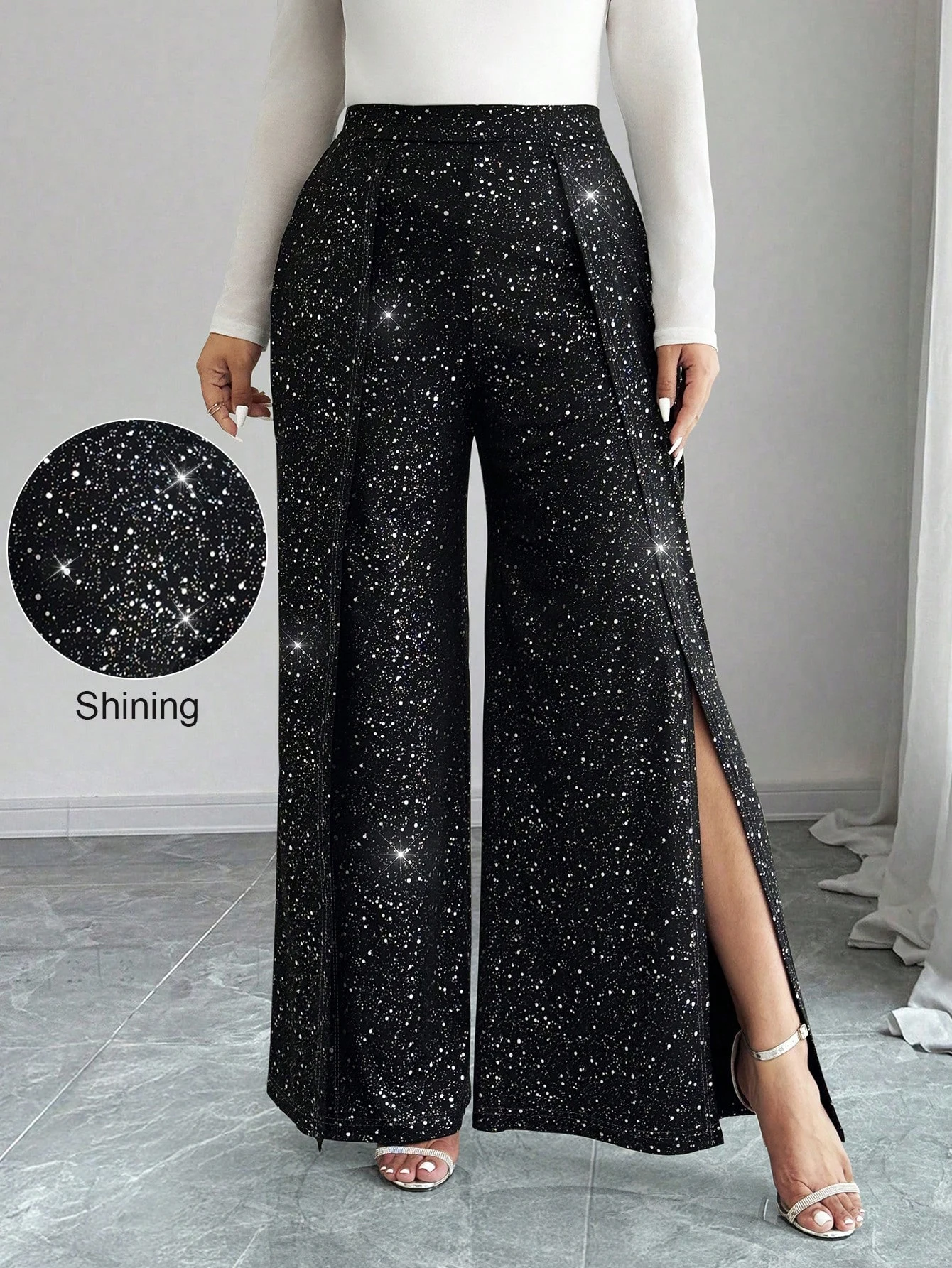 Plus Size Women Wide Leg Pants High Waisted Sequined Side Slit Glitter Pants, Straight Leg Pants, Party Club