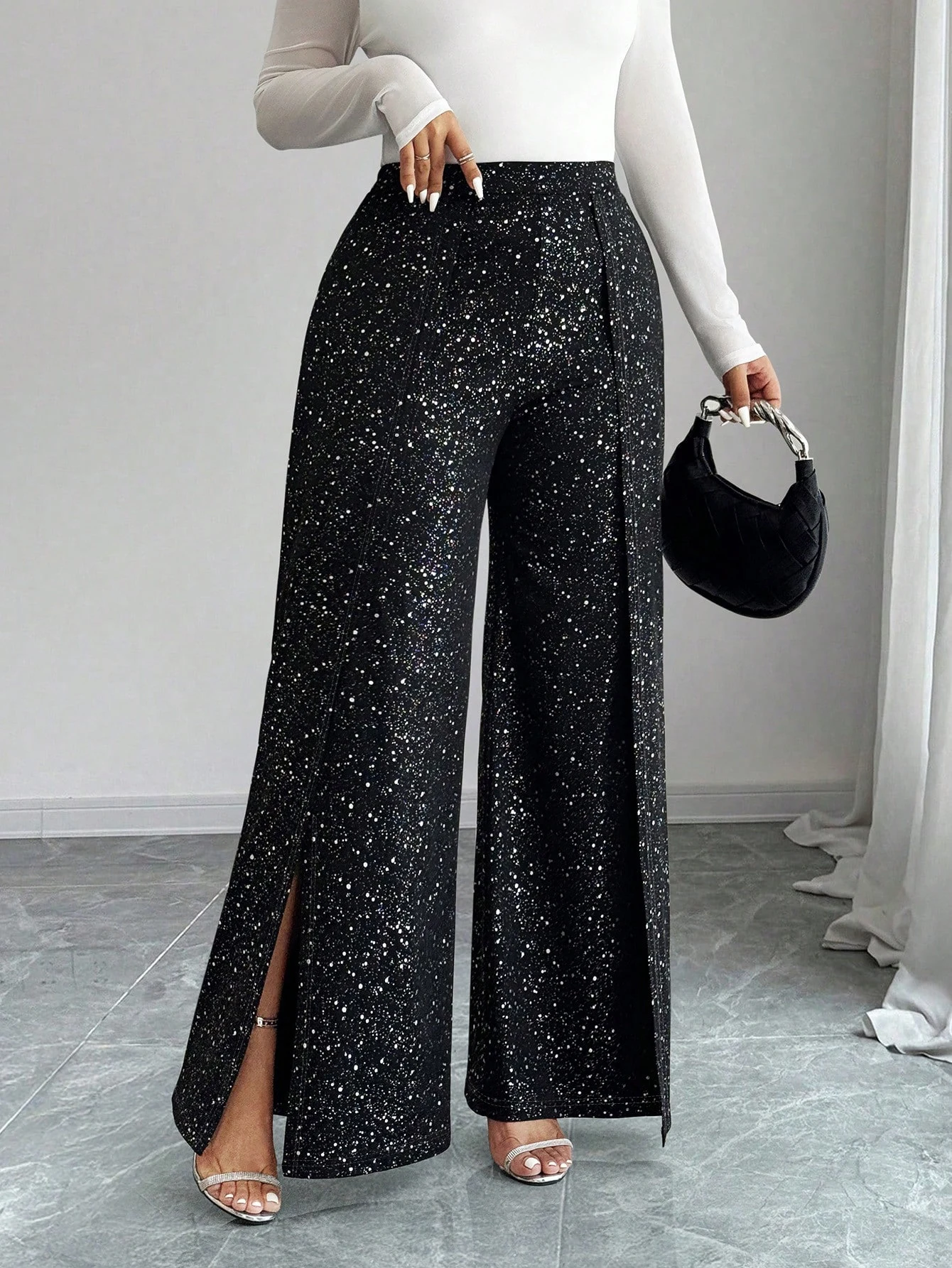 Plus Size Women Wide Leg Pants High Waisted Sequined Side Slit Glitter Pants, Straight Leg Pants, Party Club