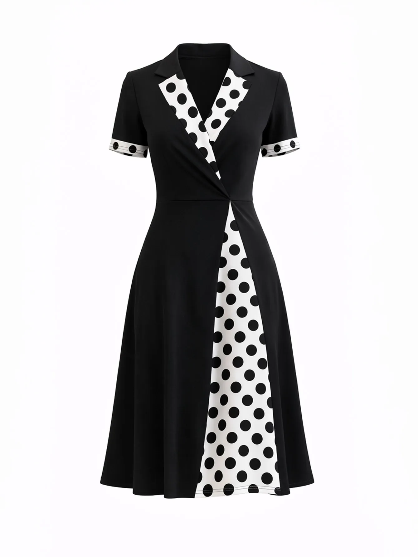 Womens Elegant Retro Lapel V-Neck Short Sleeve Summer Office Work Party Midi Dress, Polka-Dot Wrap Style, Slim A-Line Skirt