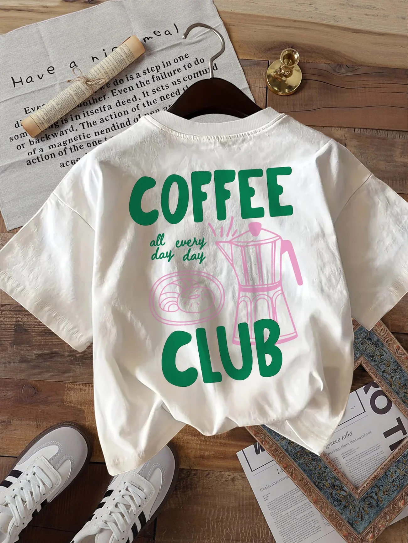 Coffee Club Letter Graphic Print T-Shirt Women Summer Fashion Short Sleeve Tee Retro Streetwear Ladies Top