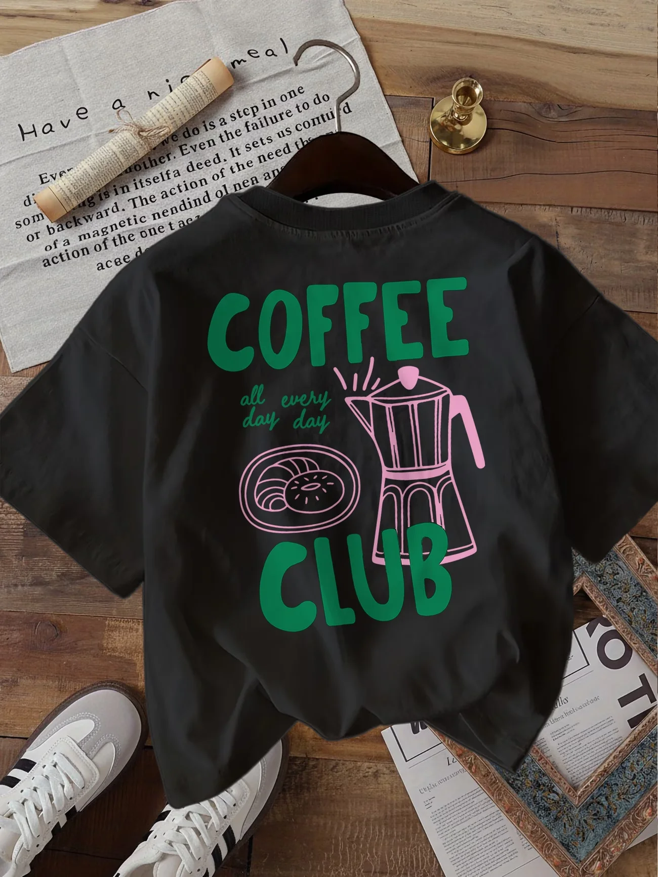 Coffee Club Letter Graphic Print T-Shirt Women Summer Fashion Short Sleeve Tee Retro Streetwear Ladies Top