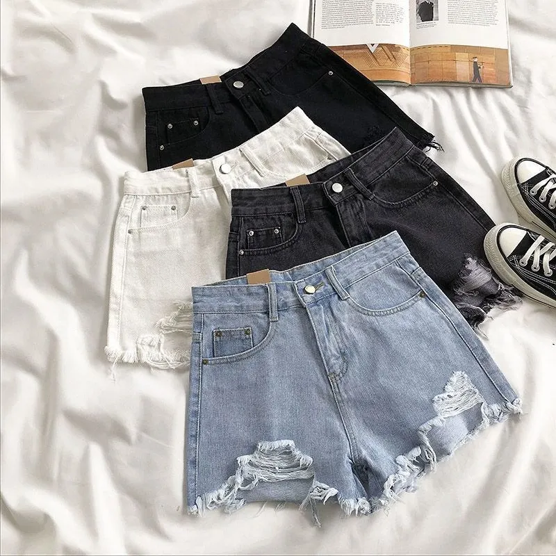 Korean Fashion Cowboy Shorts Women's Summer Casual High Waist Blue Denim Shorts Pocket Tassel Perforated Pants Y2K Female Jeans