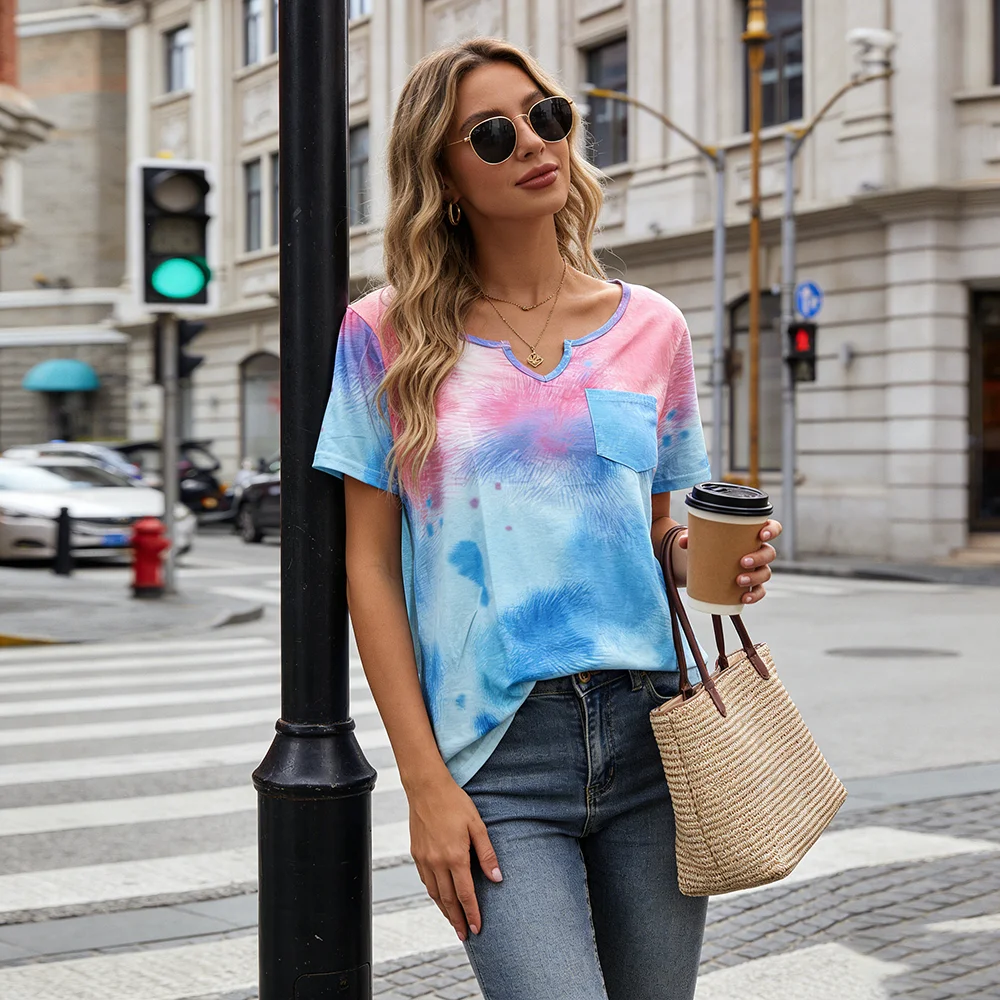 Pink Blue Tie Dye V-Neck Tee - Aesthetic Pastel Pocket Short Sleeve Shirt for Women