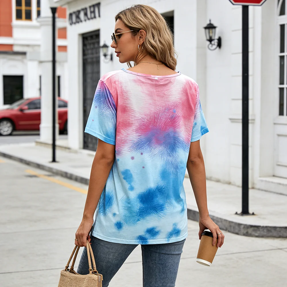 Pink Blue Tie Dye V-Neck Tee - Aesthetic Pastel Pocket Short Sleeve Shirt for Women